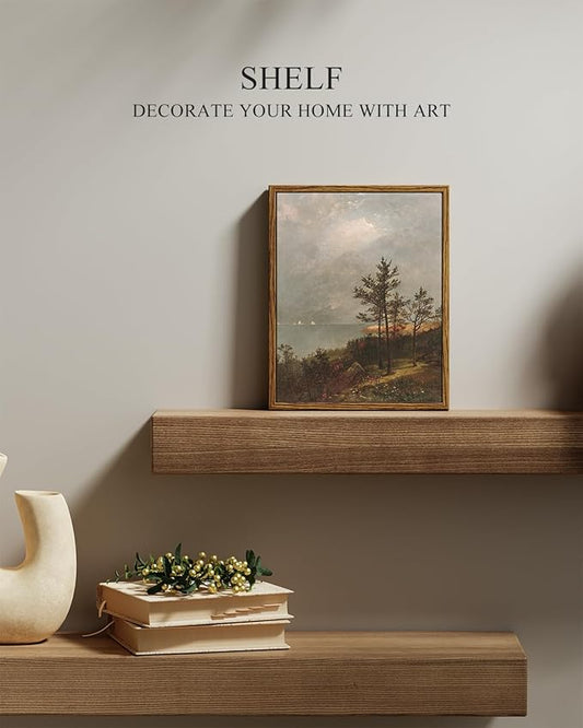 InSimSea Framed Canvas Wall Art, Vintage Lakeside Landscape Painting, Rustic Nature Scenery Decor for Living Room Shelf Hallway,10x8in, Neutral Tones