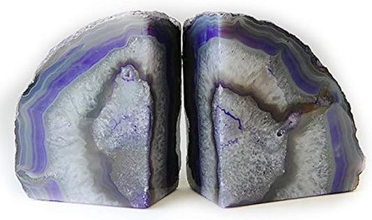 JIC Gem Book Ends for Shelves Dyed Purple Agate Bookends Natural Geode Brazilian Rock Stone Book Ends Decorative with Rubber Bumpers Small Size(1 Pair, 2-3 LBS)