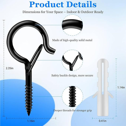 36 Pack Black Screw Hooks with Safety Buckle - 2.3 Inch Rustproof Eye Ceiling Hooks for Hanging Plants,Outdoor String Lights,Baskets,Christmas Lights & Decor,40lb Capacity (36, Black)