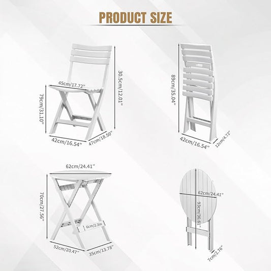 3 Piece Patio Bistro Sets, White, Foldable Patio Set, Bistro Table and Chairs, 2 Plastics Folding Chairs and Round Table for Outdoor Balcony, Porch, Lawn, Garden, Patio