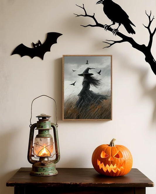 InSimSea Framed Canvas Prints Art Vintage Decor, Witch Gothic Moody Painting, Rustic Dark Academia Wall Art for Bathroom, Halloween Living Room Witchy Room Wall Cottagecore Decor, 12x16inch
