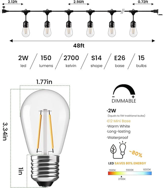 Svater 48 FT Outdoor String Lights 2W, Commercial Grade Patio Light with 15 pc Edison Shatterproof Bulbs, IP65 Waterproof LED Hanging Lighting for Bistro Cafe Market Outside Backyard, Warm White 2700K