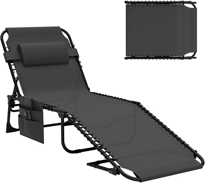 4-Level Reclining Backrest Aluminum Folding Lounge Chair, Outdoor Lounge Chair, Removable Pillow & Side Pocket Design, Breathable Portable Tanning Chair for Poolside, Patio, Backyard, Black