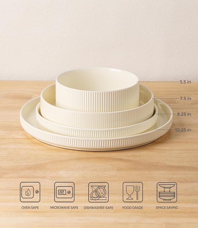 TheTerra Ceramic Dinnerware Sets for 4, 16 Pieces Porcelain Lightweight Plates and Bowls Sets, Scratch Resistant Dish Set, Oven & Microwave & Dishwasher Safe, Beige