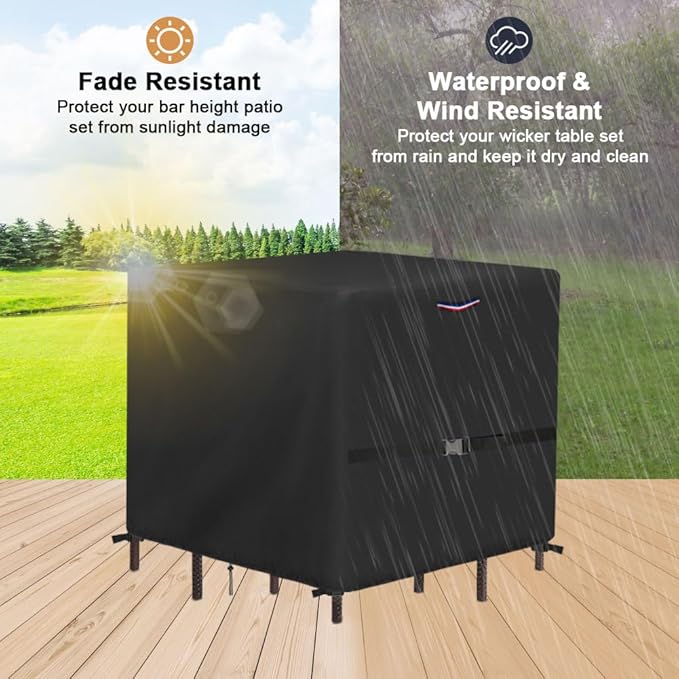 Outdoor Wicker Table Set Cover, Waterproof Cover for 5 Piece Square Patio Bar Height Table & Chair Sets, Heavy Duty Outdoor Bar Tables and Stools Sets Covers - 60"L x 60"W x 38"H