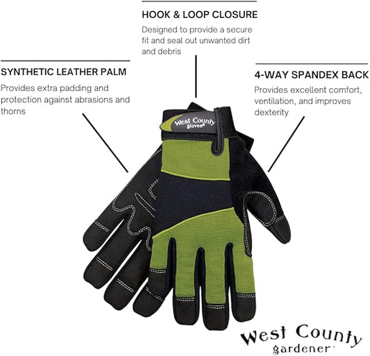 West Chester Protective Gear 013S/XL Men's West County Gardener Gloves –X-Large, Stem, Work Gloves with Four-Way Spandex Backing, Adjustable Cuff