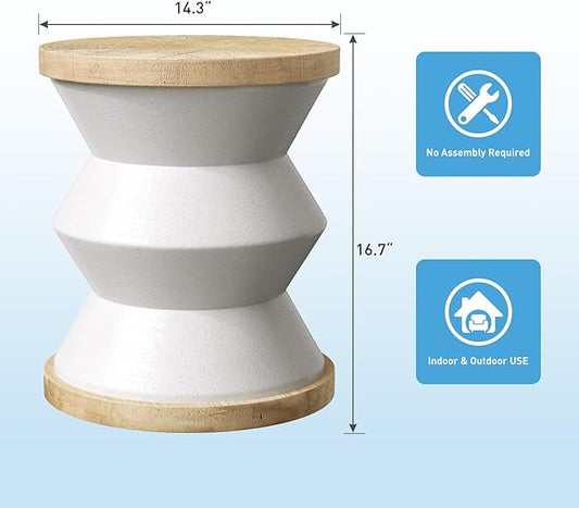 SUNBURY White Outdoor Side Table, 14" W Concrete Side Table Accent Table, Round Marble Drum Side Table, Garden Stool Plant Stand End Table for Patio, Deck, Poolside