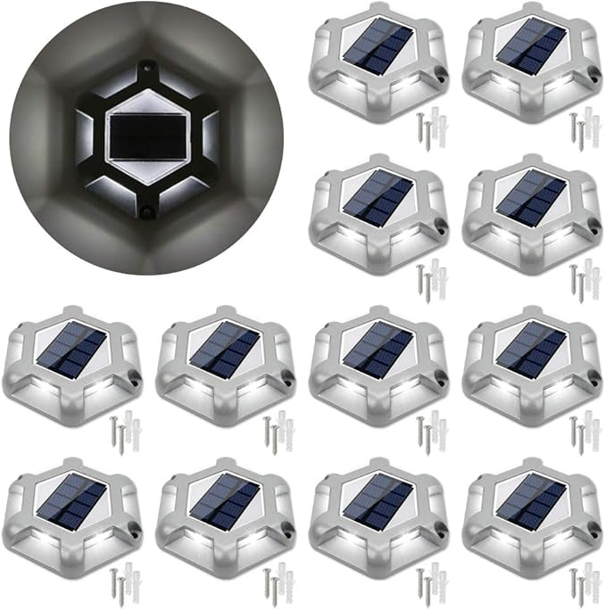 VOLISUN Solar Deck Lights Driveway Dock Lights, 12-Pack Waterproof Outdoor LED Aluminum Dock Lighting Warning Step Light for Driveway Sidewalk Garden Pathway Yard(Warm White+White,2 Colors in 1)
