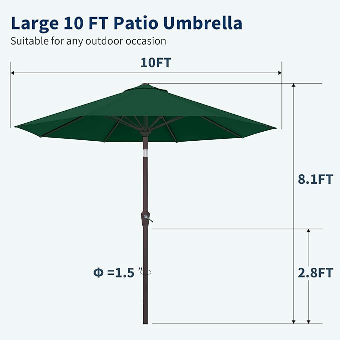 PatioKingdom 10FT Patio Umbrella with Push Button Tilt and Crank, Outdoor Market Umbrella with 8 Fiberglass Ribs, UV Protection Table Umbrella for Pool,Backyard,Garden,Deck(Dark Green, 10FT)
