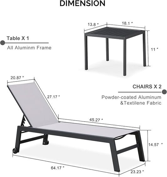PURPLE LEAF Patio Chaise Lounge Set 4 Pieces Aluminum Outdoor Lounge Chairs with Wheels Textilene Sunbathing Recliner Light Gray
