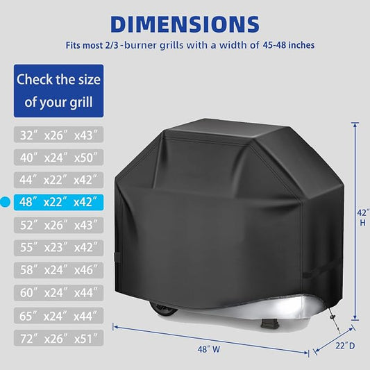 BBQ Gas Grill Cover for Outdoor, Anti-UV, Rip-Proof, 600D Oxford Fade Resistant Material, Barbecue Cover with Hook and Loop Straps & Adjustable Hem Drawstring (Black, 48”x22”x42”)