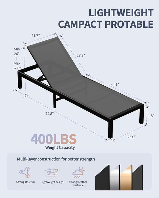 Aluminum Lounge Chairs Outdoor Chaise Furniture,2 Sets Patio Metal Deck Lounger Adjustable 5-Position Poolside Chase Recliner with Wheels for Beach,Coffee Table, (Gray, 2 Chairs)