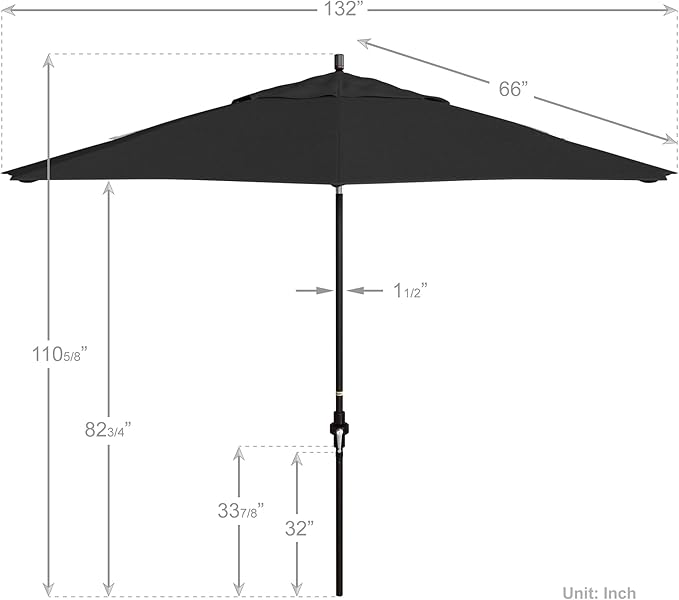 California Umbrella 11Ft Premium Patio Umbrella, Hand-Crank, Tilt-Collar, Bronze Frame, Solution Dyed Black Fabric