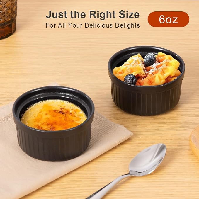 Yachi Ramekins Black, 6 oz Ceramic Set of 6 Stoneware Bakeware for Souffle Sauces Dipping Onion Soup Lava Cake Flan Creme Brulee Kit Pudding Mini Custard Oven Safe