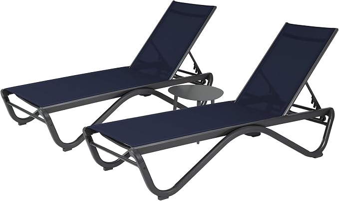 Kozyard Outdoor Chaise Lounge Chair, All Aluminum Frame and Textilene Fabric, Fully Flat Adjustable Reclining Patio Lounger for Poolside, Sunbathing & Backyard (NavyBlue, 2Chairs + Table)