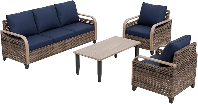 COOS BAY Modern Wicker Outdoor Furniture Set, Patio Conversation Set with Patio Chairs, 3 Seat Couch, and Side Table, 4 Piece, Brown/Blue