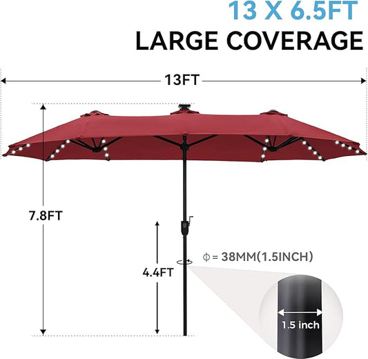 GREEN PARTY 13 ft Rectangle Patio Umbrella with Solar Lights, Double-Sided Market Table Umbrella with Crank, Large Outdoor Umbrellas for Patio Poolside Garden Backyard, Burgundy Red