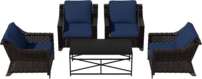 Vista Vibe 5 Pieces Outdoor Rattan Patio Conversation Furniture Set - 4 Wicker Chairs | Steel Coffee Table, Premium & Washable Cushions, Living Room, Poolside (Brown/Navy)