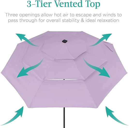 Best Choice Products 10ft 3-Tier Solar Patio Umbrella, Outdoor Market Sun Shade for Backyard, Deck, Poolside w/ 24 LED Lights, Tilt Adjustment, Easy Crank, 8 Ribs - Lavender