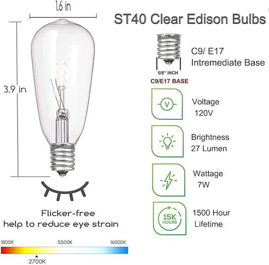 10 Pack Edison Replacement Light Bulbs for Outdoor String Lights, ST40 7W E17 Base Clear Glass Incandescent Bulbs Waterproof for Patio Backyard Bistro Cafe Garden Decorations, Warm White 2200K