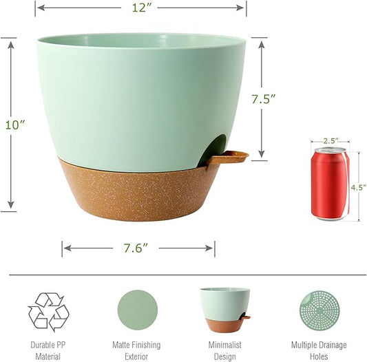 UOUZ 12inch 2Pack Large Self Watering Planters, Plastic Plant Pots with 60oZ Removable Deep Reservoir and Multi Mesh Drainage Holes for Indoor Outdoor Garden Plants and Flowers, Green with Brown
