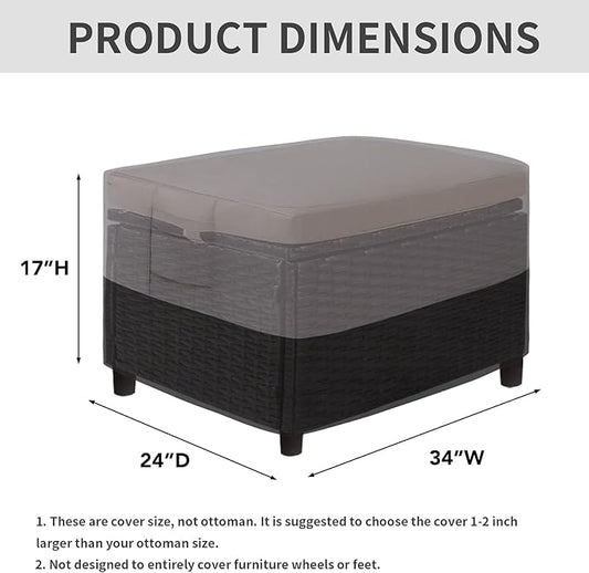 Easy-Going Outdoor Ottoman Cover, Waterproof Patio Ottoman Cover, Heavy Duty Outdoor Furniture Cover with Padded Handles (34"x24"x17", Gray/Black)