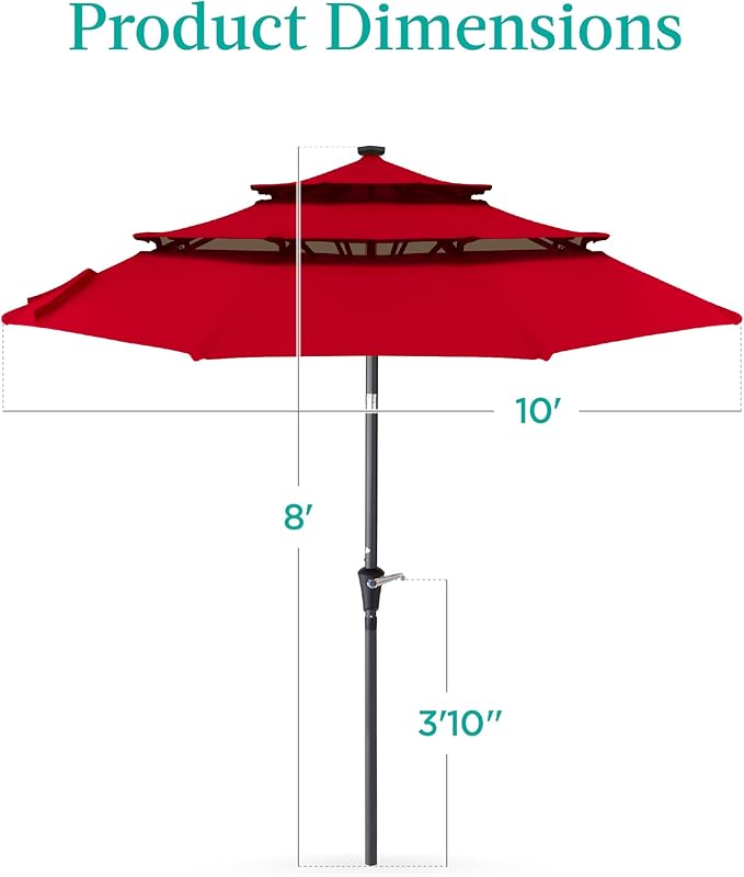 Best Choice Products 10ft 3-Tier Solar Patio Umbrella, Outdoor Market Sun Shade for Backyard, Deck, Poolside w/ 24 LED Lights, Tilt Adjustment, Easy Crank, 8 Ribs - Red