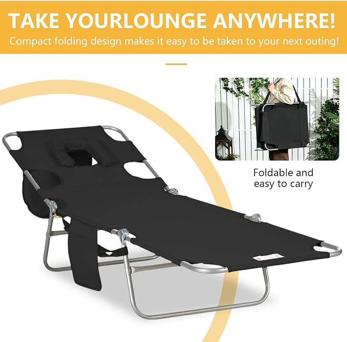 Sun Tanning Chair with Face Hole, Heavy Duty Adjustable 5-Position Folding Laying Out Chairs for Tanning, Beach Lounge Chairs for Adults for Outdoor Sunbathing Patio Pool Lawn (Black 3)