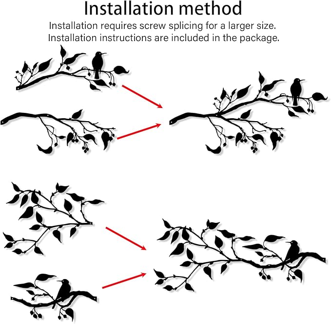 Harikikochuu 4PCS Metal Birds Wall Decor, Birds on the Branch Metal Silhouette Art, Black Leaves with Bird Outdoor Hanging Wall Sculpture for Home Office Balcony Garden Decor.(Hummingbirds)