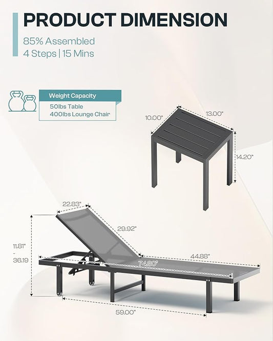 Pool Lounge Chairs Set of 3 (2 Loungers + 1 Side Table),Outdoor Lounge Chairs with Wheels and 5-Position Recliner, Aluminum Patio Lounge Chair for Poolside, Deck (Darkgray)