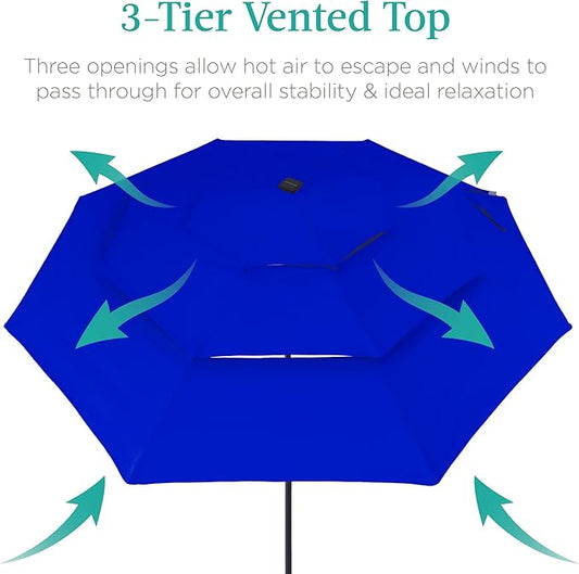 Best Choice Products 10ft 3-Tier Solar Patio Umbrella, Outdoor Market Sun Shade for Backyard, Deck, Poolside w/ 24 LED Lights, Tilt Adjustment, Easy Crank, 8 Ribs - Resort Blue