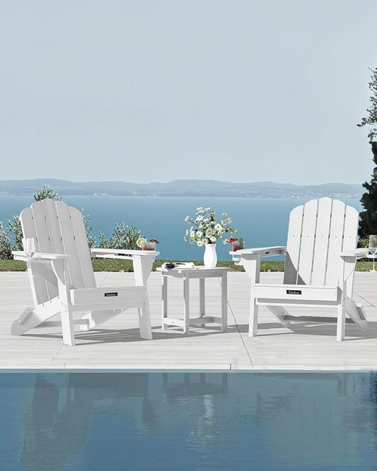 Folding Adirondack Chair,All-Weather HDPE Fire Pit Chair with 2 Cup Holders, Plastic Outdoor Chair for Patio Deck Garden Lawn, White