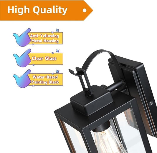 WISBEAM Black 13.7in Outdoor Wall Lantern for House, Black Outdoor Porch Sconce Light Fixture, E26 Base 60W Max, Metal Housing Plus Glass, ETL Qualified, Bulbs not Included