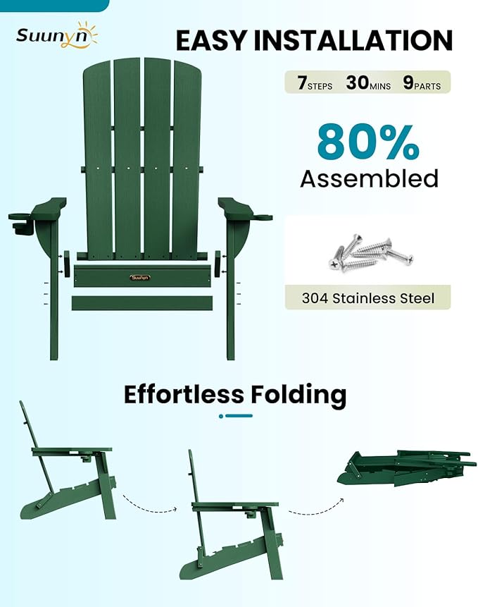 Folding Adirondack Chair 6 Pack, HDPE All-Weather Fire Pit Chairs, Plastic Adirondack Chairs with 2 Cup Holder, Outdoor Lawn Chair for Patio Garden (Green)