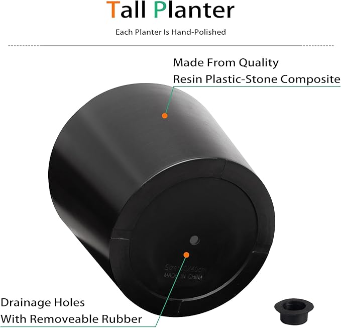 Wide Planters for Outdoor Plants, Extra Large Indoor Flower Pots for Garden, Front Porch, Patio - Round Resin Planter Set of 2 (Black, 16 inch - 2 Pack with Saucers)