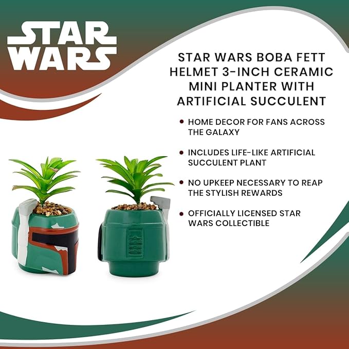 Star Wars Boba Fett Helmet 3-Inch Ceramic Planter with Artificial Succulent | Small Flower Pot, Faux Indoor Plant for Desk Shelf, Trinket Tray | Cute Home Decor Gifts and Collectibles