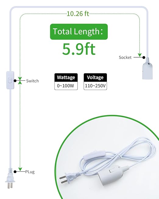 HESSION Pendant Light Cord, Hanging Light Cord, Plug in Light fixtures, 5.9ft DIY Latern Light Cord with an E26 Light Socket, Featuring an On/Off Switch(Bulb Not Included).