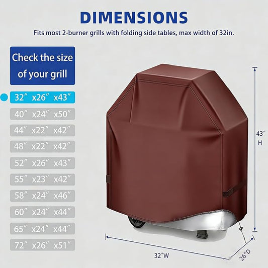 BBQ Gas Grill Cover for Outdoor, Anti-UV, Rip-Proof, 600D Oxford Fade Resistant Material, Barbecue Cover with Hook and Loop Straps & Adjustable Hem Drawstring (Reddish Brown, 32”x26”x43”)