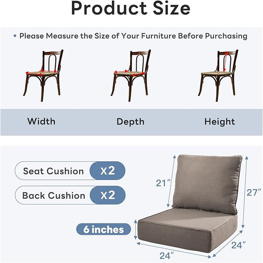 6" Thicker Outdoor Chair Cushion 2 Sets - 24" *24" *6" Waterproof Patio Furniture Cushions with Removable Cover, 28D High Density Sponge Filling Thicken Outdoor Patio Cushions - Grey