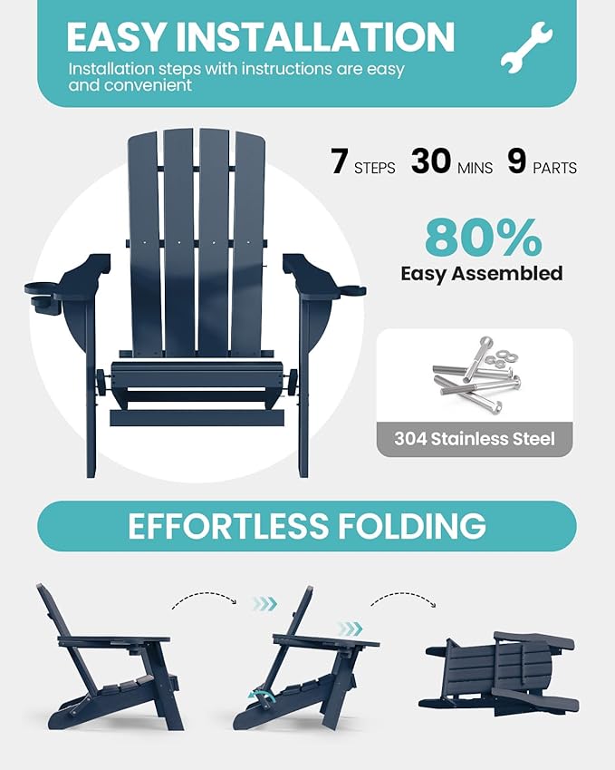 Folding Adirondack Chair 4 Pack, HDPE All-Weather Fire Pit Chairs, Plastic Adirondack Chairs with 2 Cup Holder, Outdoor Lawn Chair for Patio Garden (Navy Blue)