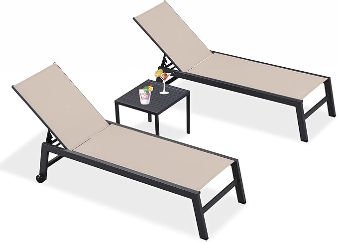 PURPLE LEAF Patio Chaise Lounge Set 4 Pieces Aluminum Outdoor Lounge Chairs with Wheels, Textilene Sunbathing Recliner, Beige