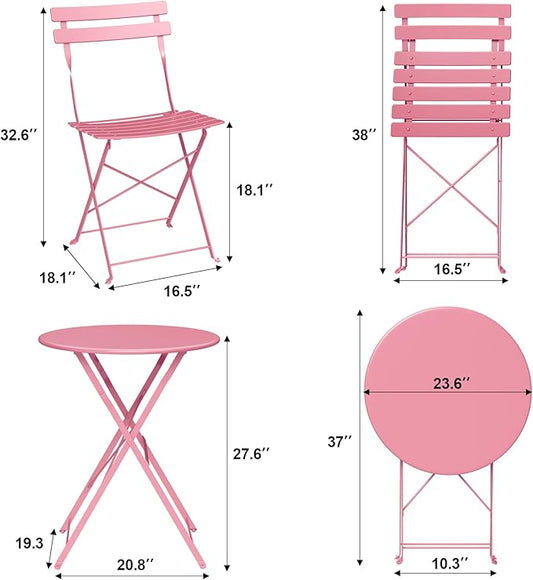 Premium Steel Frame Patio Bistro Set, 3-Piece Outdoor Folding Table and Chairs, Weather Resistant Conversation Sets of 2, Space Saving Patio Furniture for Backyard Balcony Porch Garden, Black (Pink)