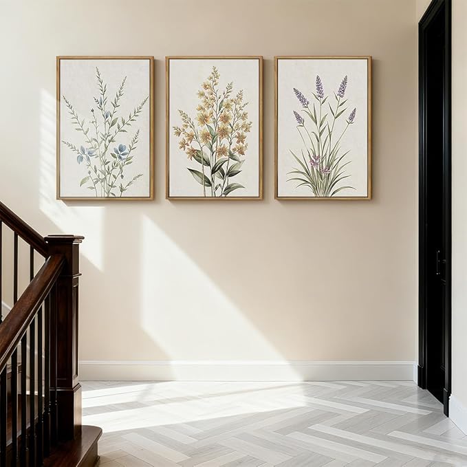 Anyzal Large Framed Botanical Wall Art 16x24 Inch Modern Floral Canvas Art Prints Neutral Beige Wildflower Wall Decor for Living Room Bedroom Dining Room Office Set of 3