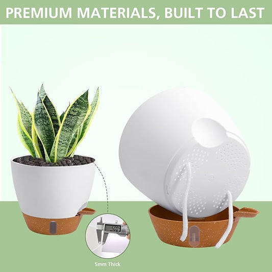 Self Watering Planters Set with Water Level Indicator, 12" 10" 9" 8" Large Plastic Flower Pots with Mesh Drainage Hole and Removable Saucer Reservoir for Indoor Outdoor Plants (White)