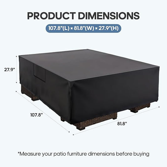 DUMOS Patio Furniture Cover Rectangular Heavy Duty 600D Waterproof UV Resistant Outdoor Sofa Couch Sectional Cover for Deck Table Chairs Backyard Dining Sets, 108"L x 82"W x 28"H, Black