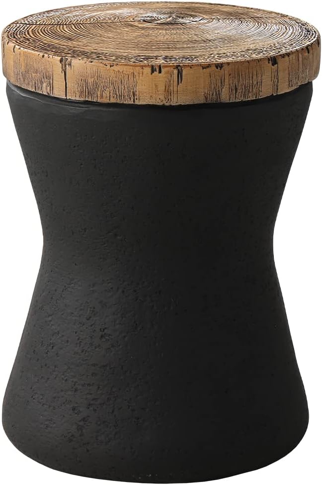 HOMPUS Outdoor Concrete Side Table Sets of 2, 2 Pieces Black Round Patio End Table, Small Outdoor Accent Table, Hourglass Shaped Garden Stool for Paito, Outside, Black
