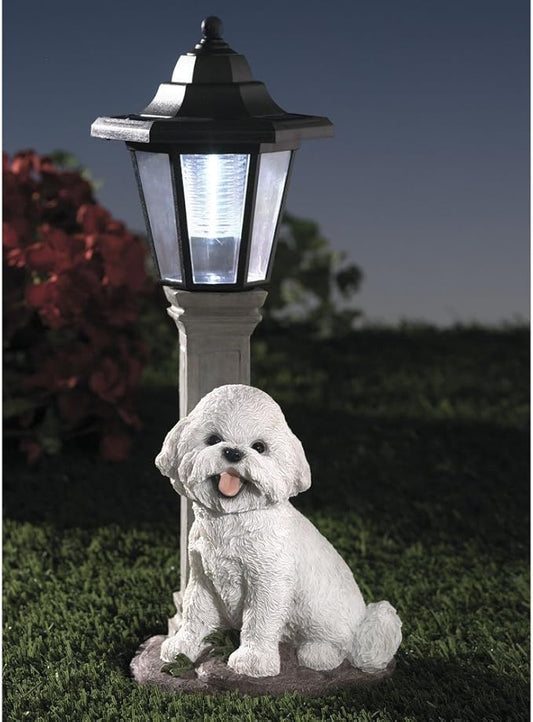 Bits and Pieces - Solar Dog Lantern-Solar Powered Garden Lantern - Resin Dog Sculpture with LED Light (Bichon) - 13.5" Tall