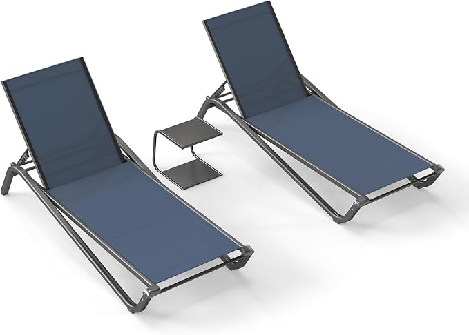 3-Piece Patio Chaise Lounge Set with Side Table, Set of 2 Adjustable Pool Chairs and Aluminum Bistro Table, All-Weather Outdoor Furniture for Pool Deck, Patio & Tanning, Navy Blue