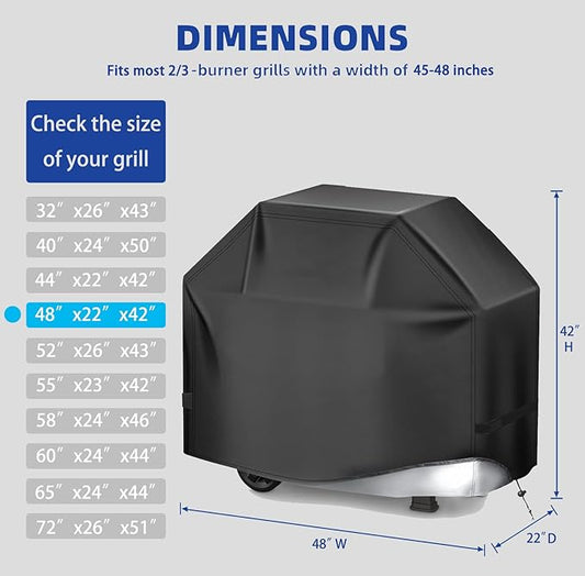 Perfect Grill Cover for Outdoor Grills Waterproof Rip-Proof Weather Resistant for Reliable Protection Griddle Cover Easy to Clean Adjustable Hem Drawstring Fade Resistant (Black, 48)