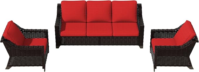 VistaVibe 3 Pieces Outdoor Patio Conversation Furniture Set - 78" 3-seat Sofa | 2 Wicker Chairs, Deep Seat Loveseat, Removable Cushions, Hand-Woven PE Rattan Couch, Balcony (Brown/Red)